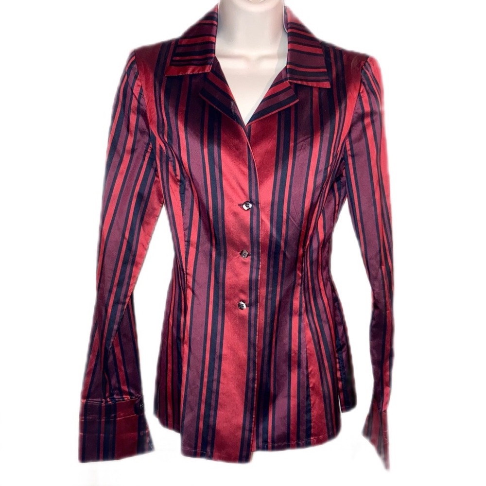 Oscar de la Renta Burgundy and Black Striped Satin Button-Down Shirt